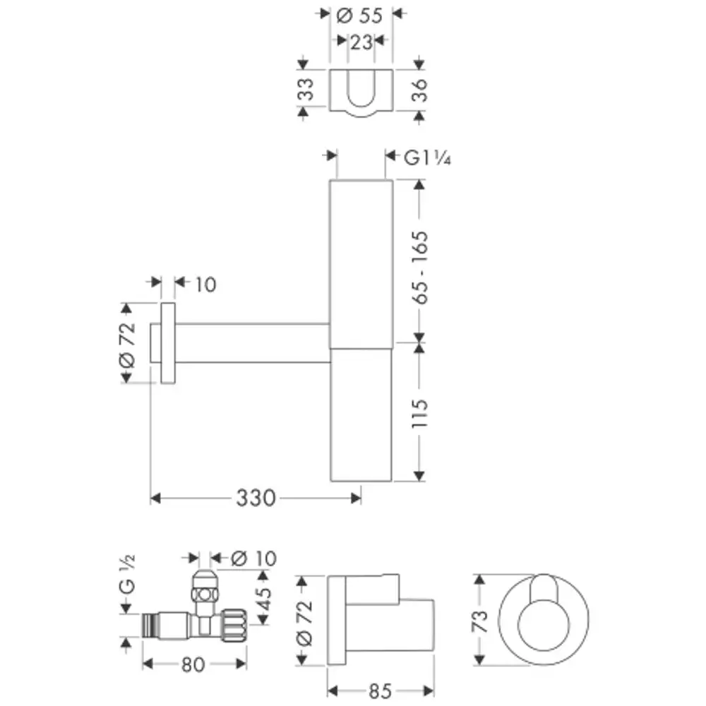 Siphon-Set von AXOR mit verchromter Oberfläche, schmalem Design, mehreren Anschlussmöglichkeiten und verschiedenen Durchmessern für Sanitärinstallationen.
